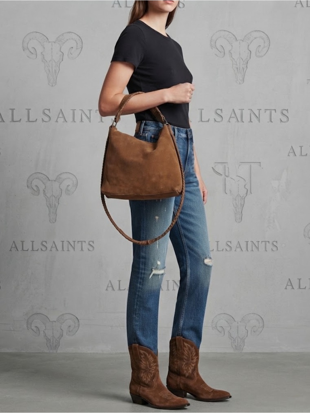 Authentic All Saints designer brown suede leather crossbody shoulder purse